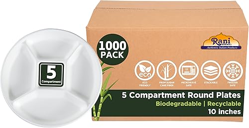 Rani - Platos divididos redondos biodegradables de 9 compartimentos, paquete de 25 Party Thali, Buffet, desechables y ecológicos, bagazo de papel