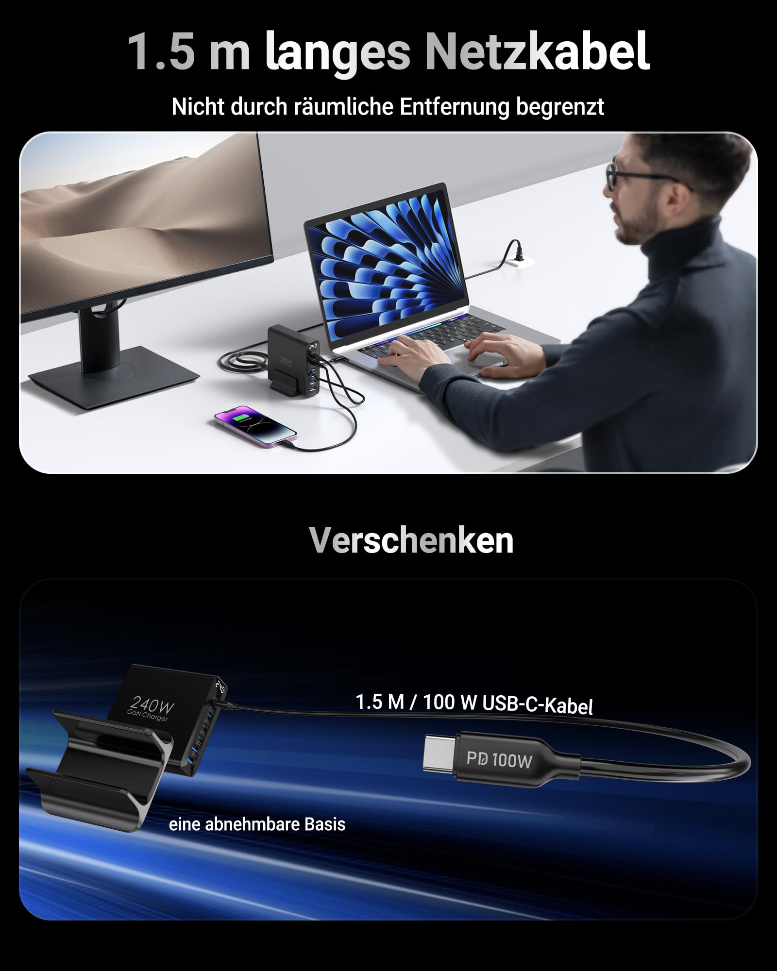 240W Ladegerät USB C, 6 Port PD3.1 GaN Ladegerät mit LED Display, Desktop ladestation Mehrfach für MacBook Pro/Air iPhone 17/16 Pro, iPad, Dell XPS, Galaxy, Pixel, Laptops und mehr, Schwarz