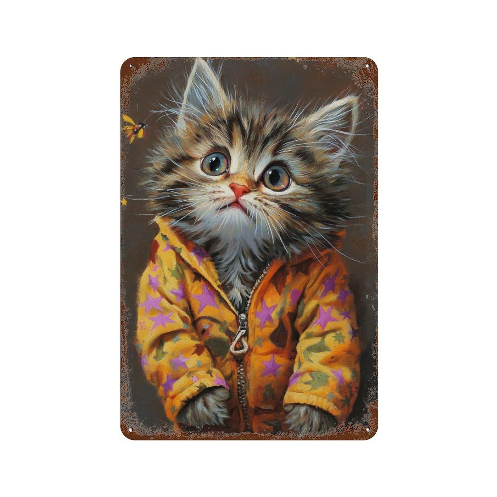 Kitten in Starry Jacket Rusty Metal Tin Sign 11.8"x7.9", Old School Wall Decor for Garage, Pub Or Kitchen