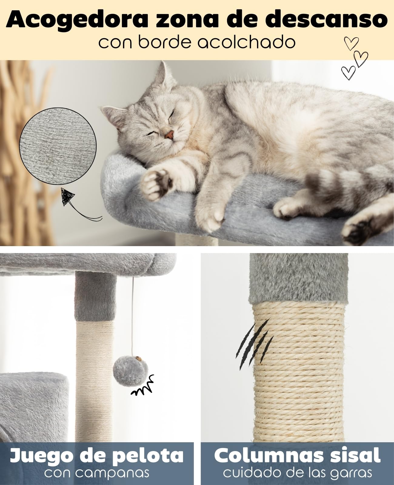 lionto Árbol rascador para Gatos Altura 80 cm, Gris Claro