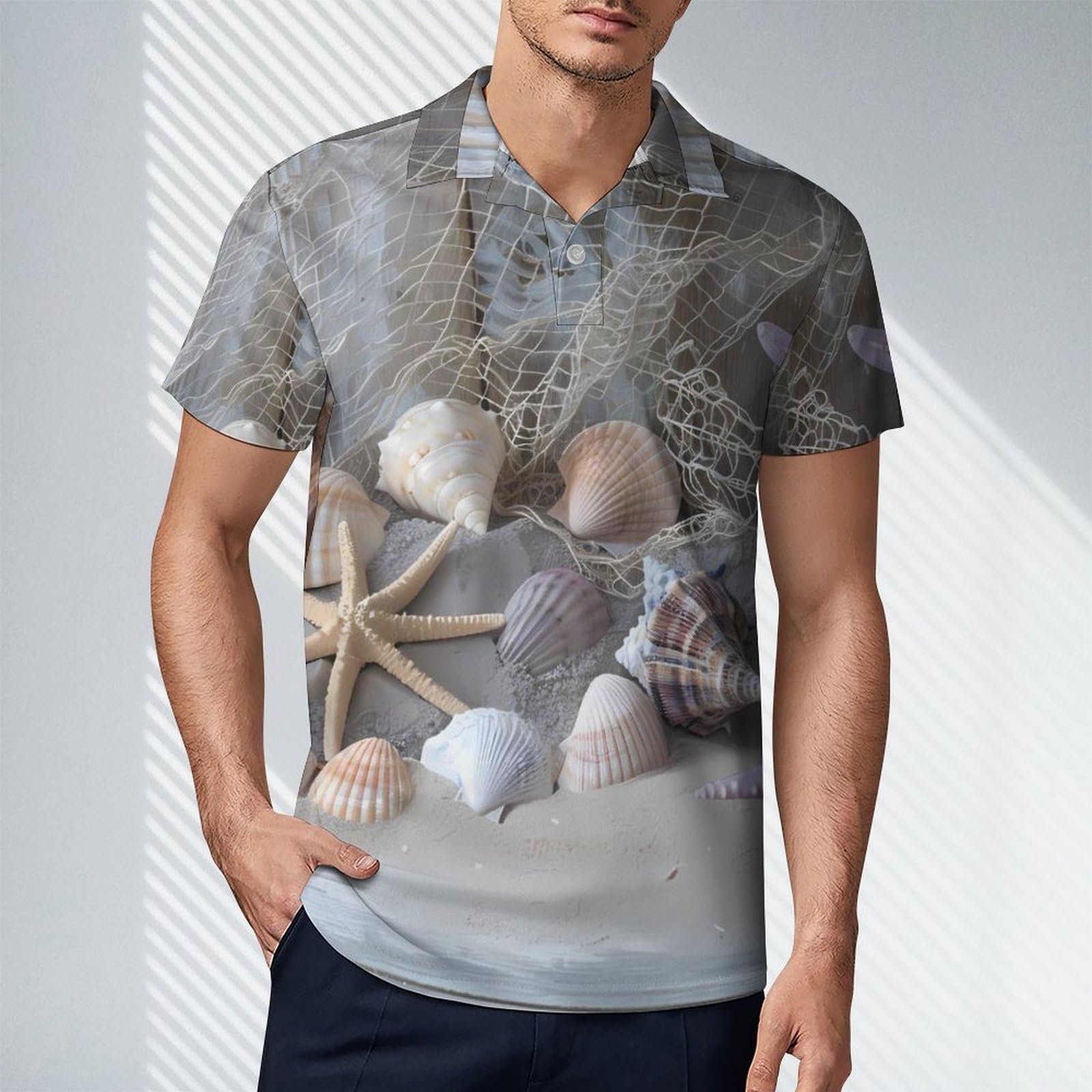 Starfish Shell on Teal Board Novelty Men's Short Sleeve Shirts Funny Golf Tennis Work T-Shirt Sport Tee L