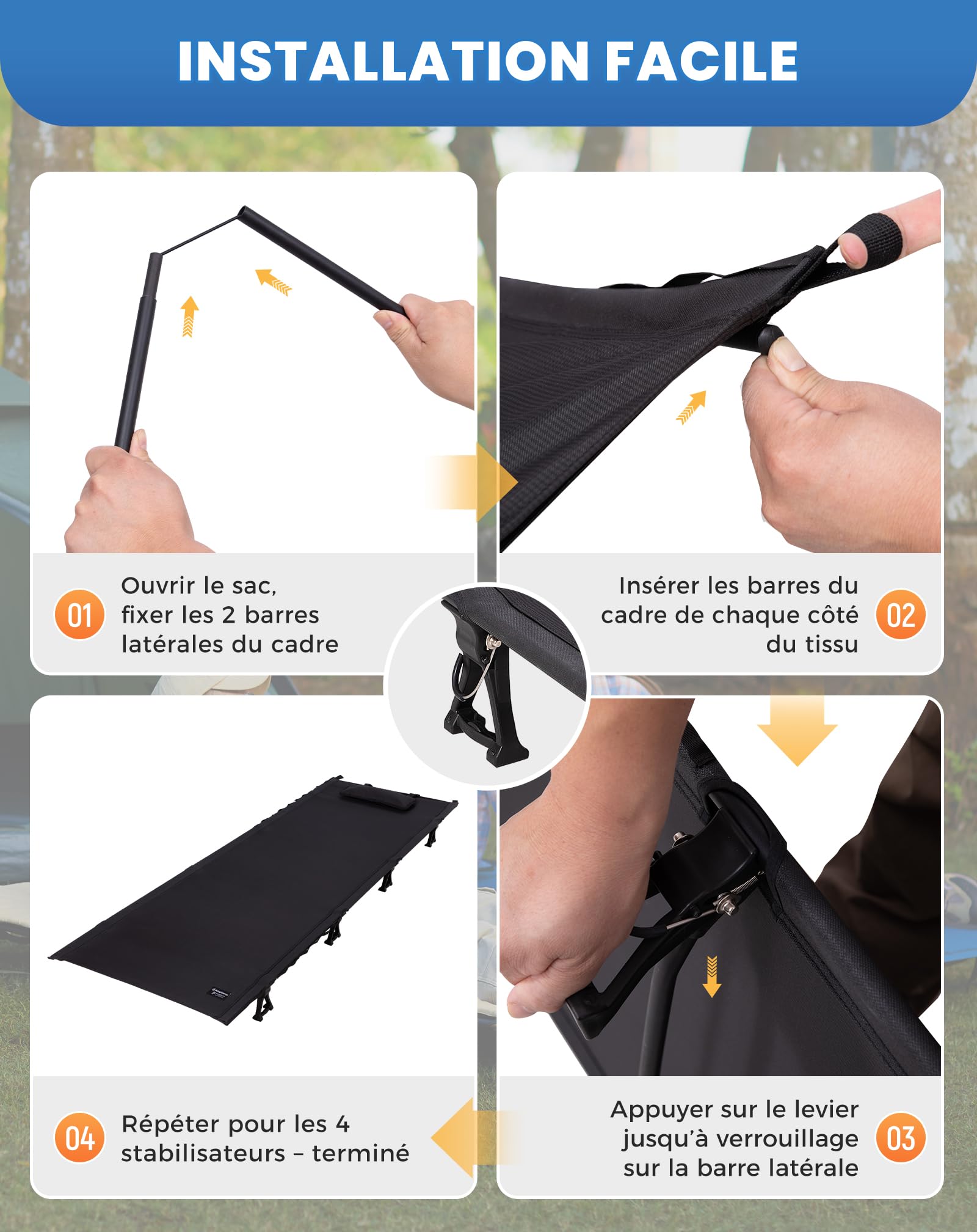 KingCamp Lit Pliant Ultra 2,45 kg Lit de Camping Compact et Pliable se Réduisant à 36x13cm Facile à Transporter Capacité Maximale 136kg pour Camping, Plein Air, Voyage, Plage, Jardin & Maison