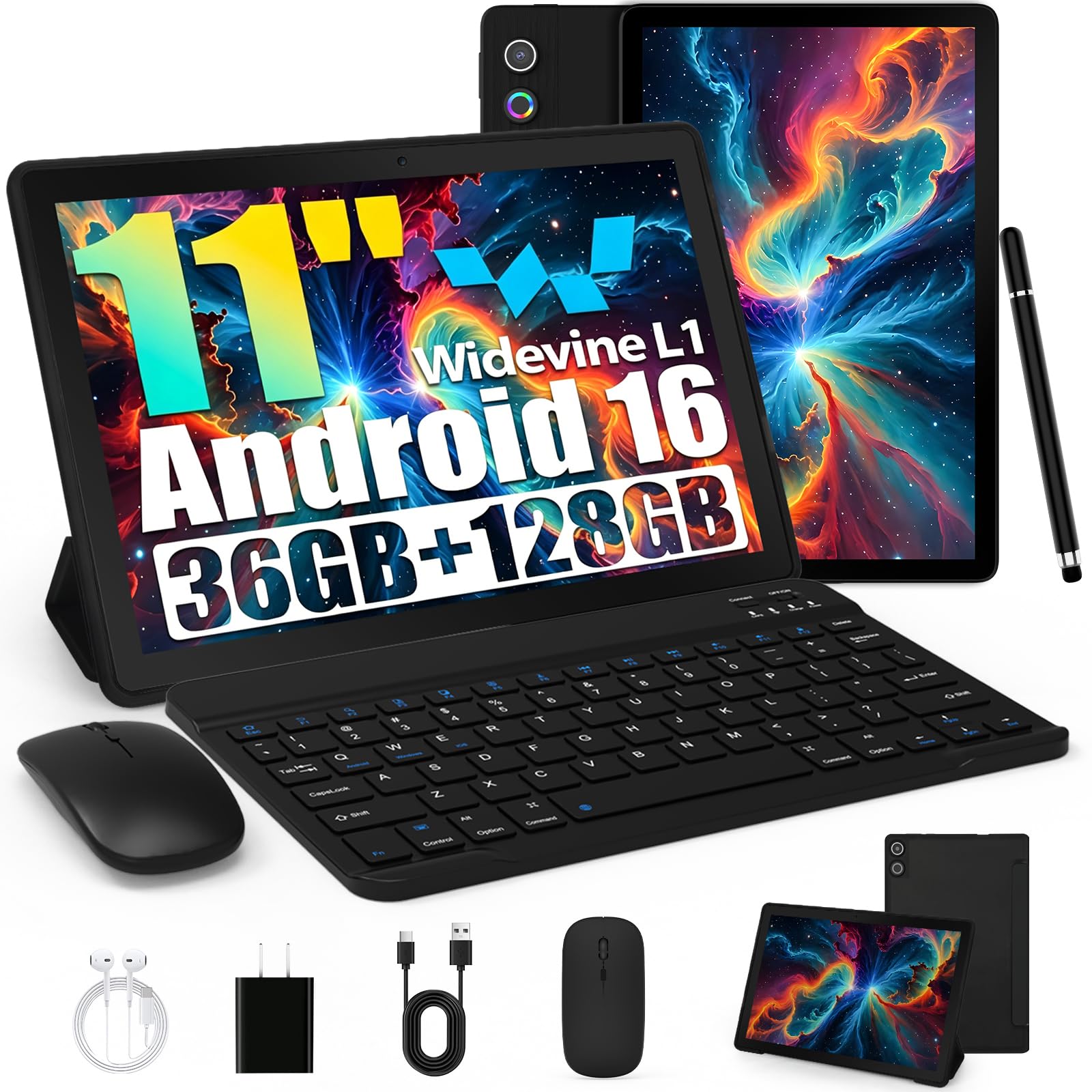 Tablet, Android Tablet 11 Zoll mit 36GB RAM + 128GB ROM (1TB TF), Octa-Core, Widevine L1, WiFi 6 & BT 5.3, 6800mAh Akku, Dual Kamera – Tablet mit Tastatur, Maus, Stift & Hülle