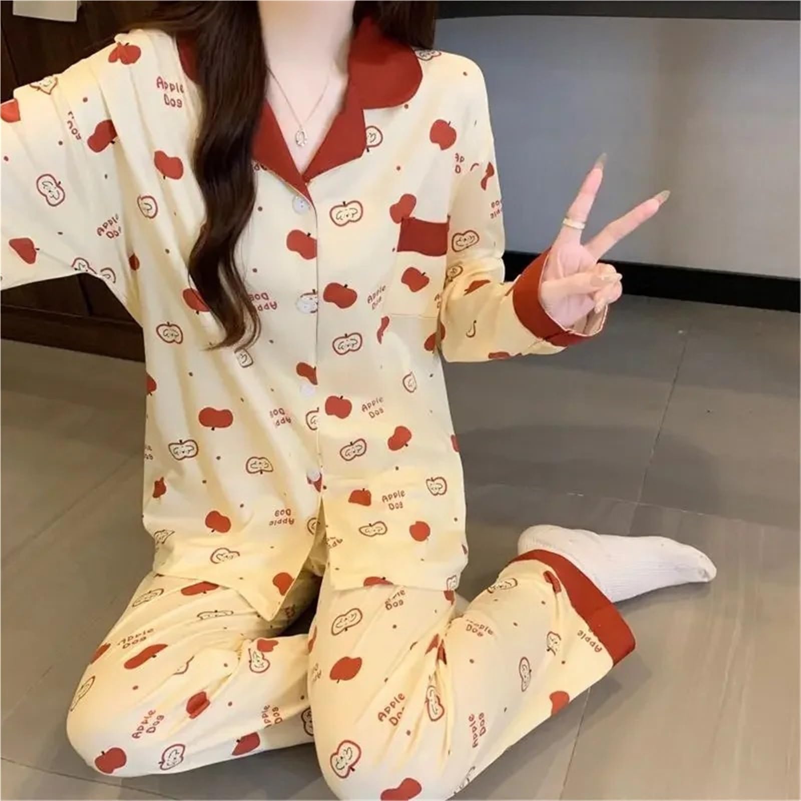 Conjunto de Pijama for Mujer con Estampado Lunares Manzana Dibujos Animados Primavera/otoño, Ropa Dormir Informal Dulce, Suave y cómoda Dos Piezas para Descanso en casa