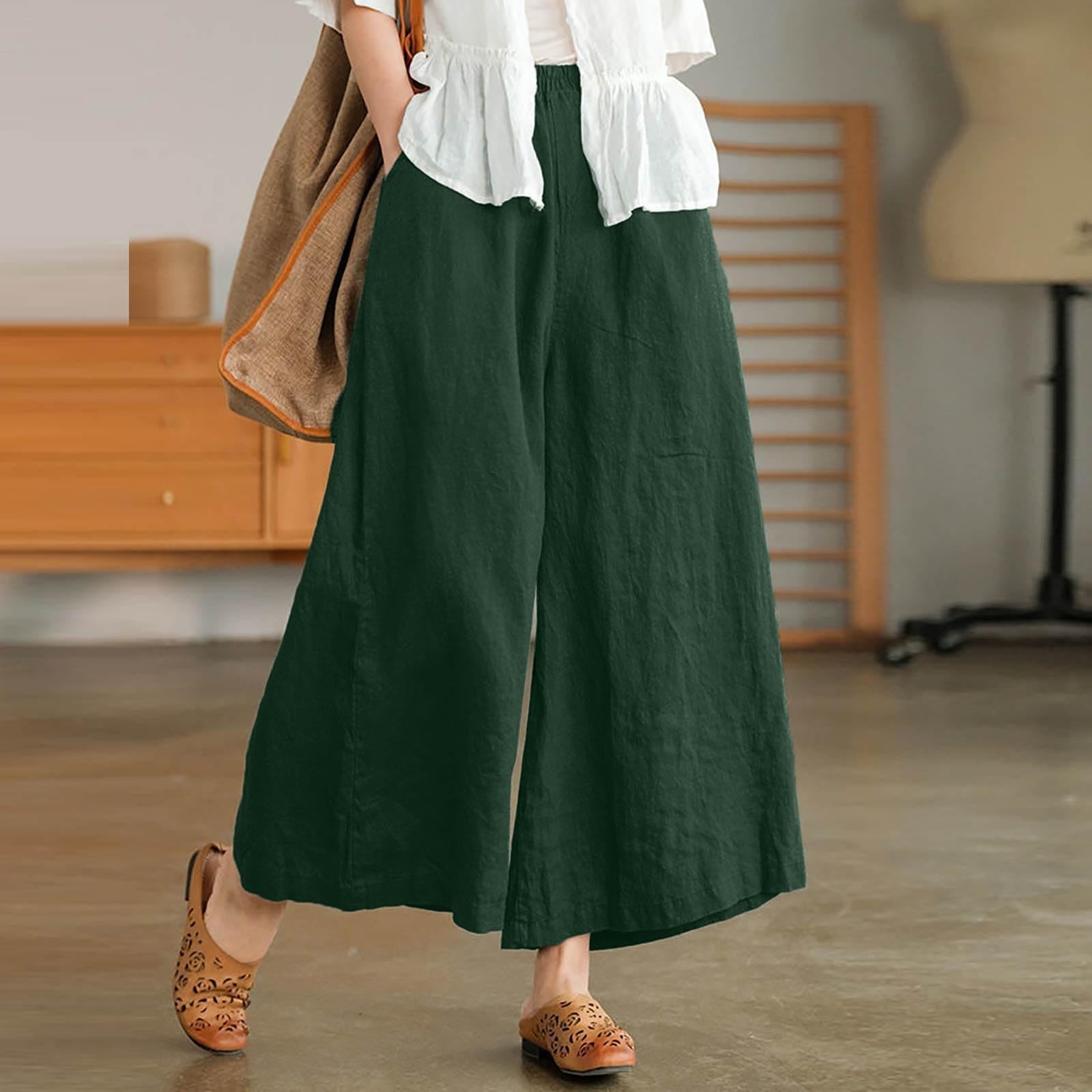 Flowy Palazzo Trousers for Women Cotton Linen Wide Leg Pants Elastic Waist Culottes 2025 Summer Comfy Pant(Green,XX-Large)