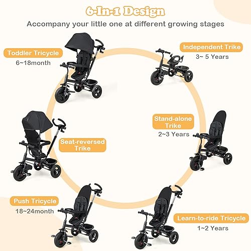 Miniatura 4 de HONEY JOY Triciclo, cochecito 5 en 1 para niños con asa de empuje ajustable y toldo, asiento reversible, cinturón de seguridad, pedal plegable,
