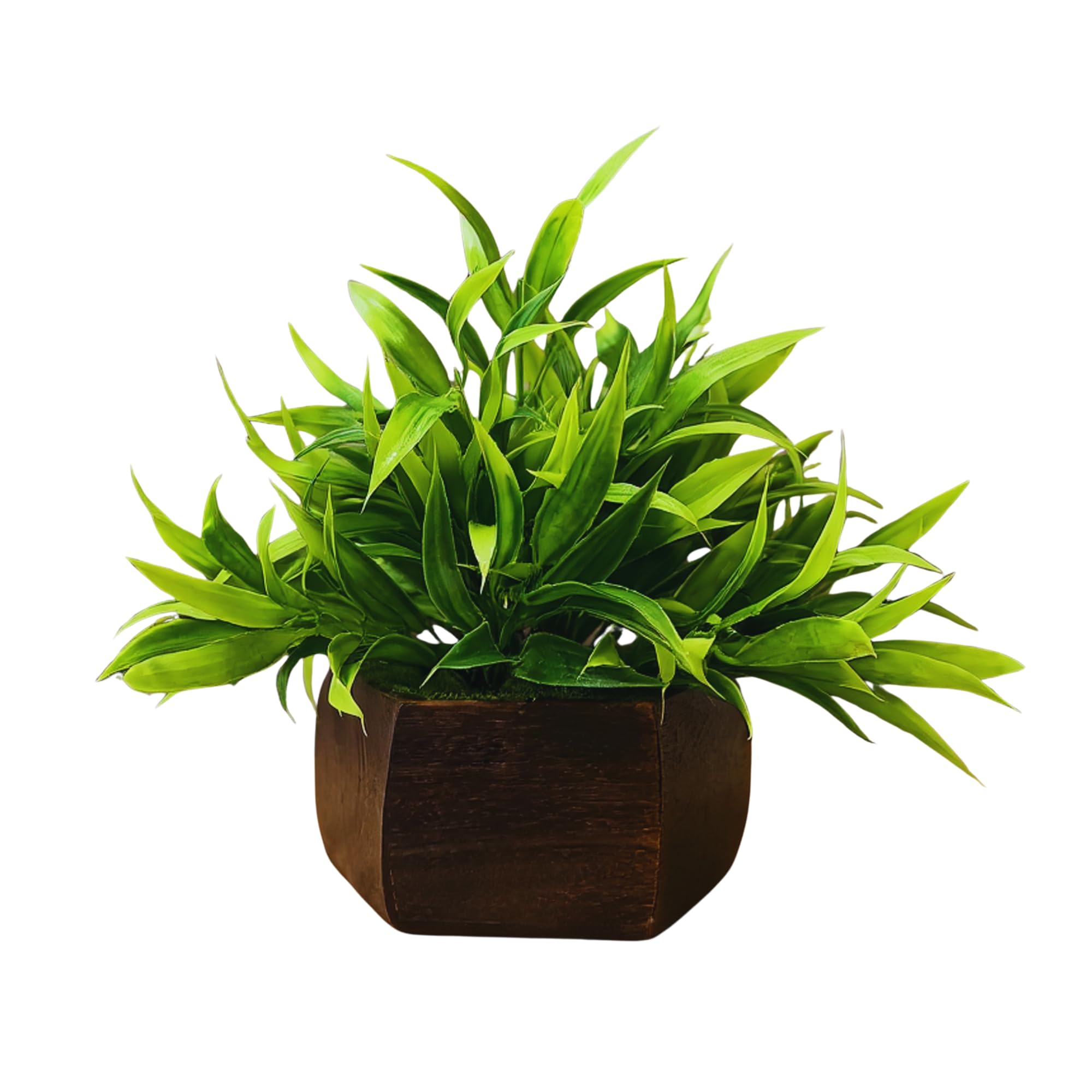 fancymart Artificial Bamboo Leaves Plant in Wood Hexagon Pot - 20cm Height - Home & Office Decor Elegant Potted Plant for Tabletop Enhancement
