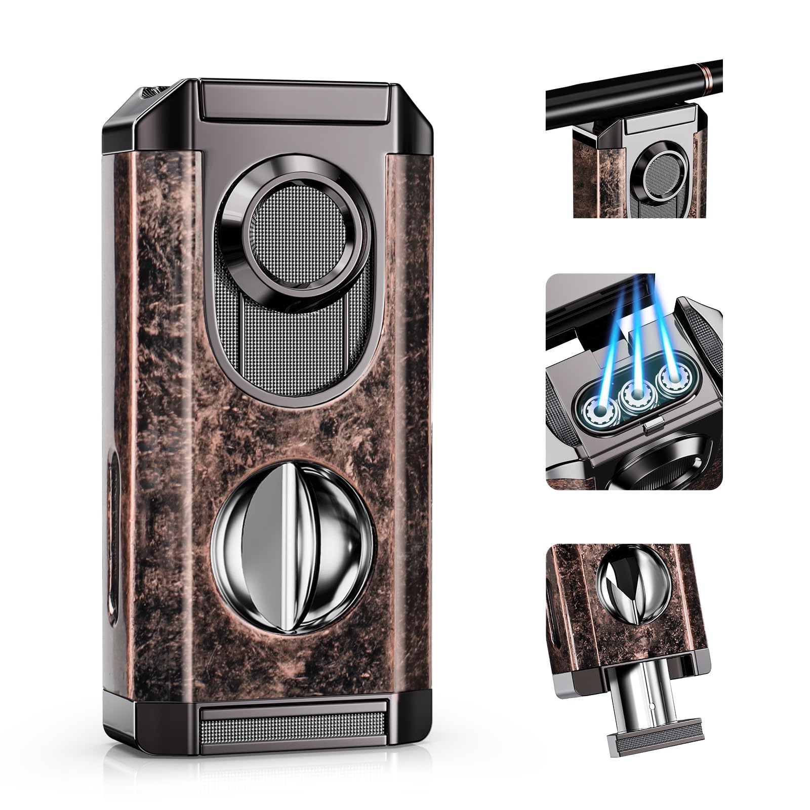All-in-one Torch Lighter with Triple Jet Flame, Built-in V Cutter, Holder, Windproof Lighter Accessories with Gift Box, Butane Refillable Lighter for Candles, Men, Outdoor Travel (Butane not Included)