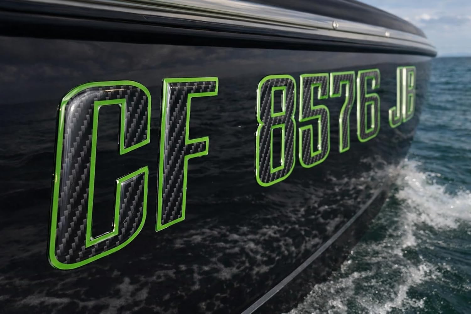 Carbon Fiber Green Boat & Jet Ski Registration Numbers – Raised 3D Marine Decals, UV-Resistant & Waterproof, 3-Inch Lettering, Complete Vessel ID Set