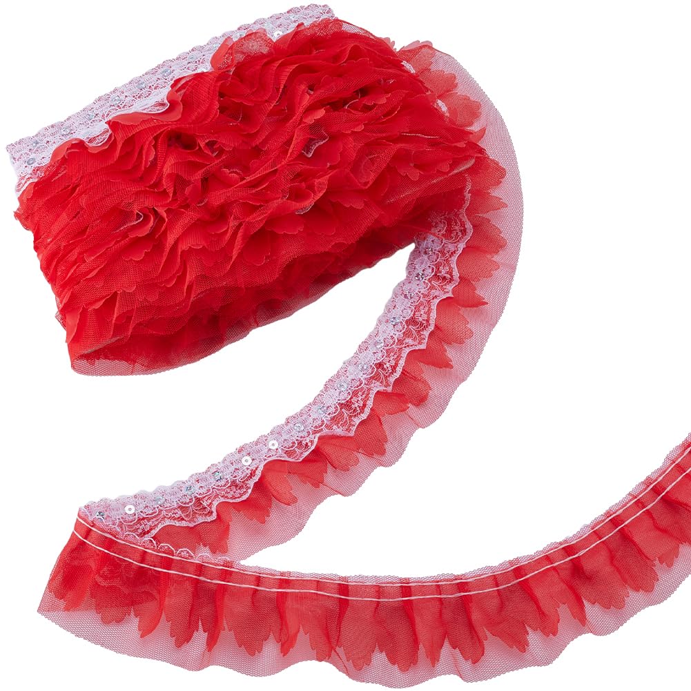 GORGECRAFT 10m*50mm Garniture En Dentelle Plissée Multicouche Bordure En Tulle à Volants Rouge Avec Paillettes Florales Bordure Froncée Ruban En Tissu Pour Couture Travaux Manuels Costumes, Habillage