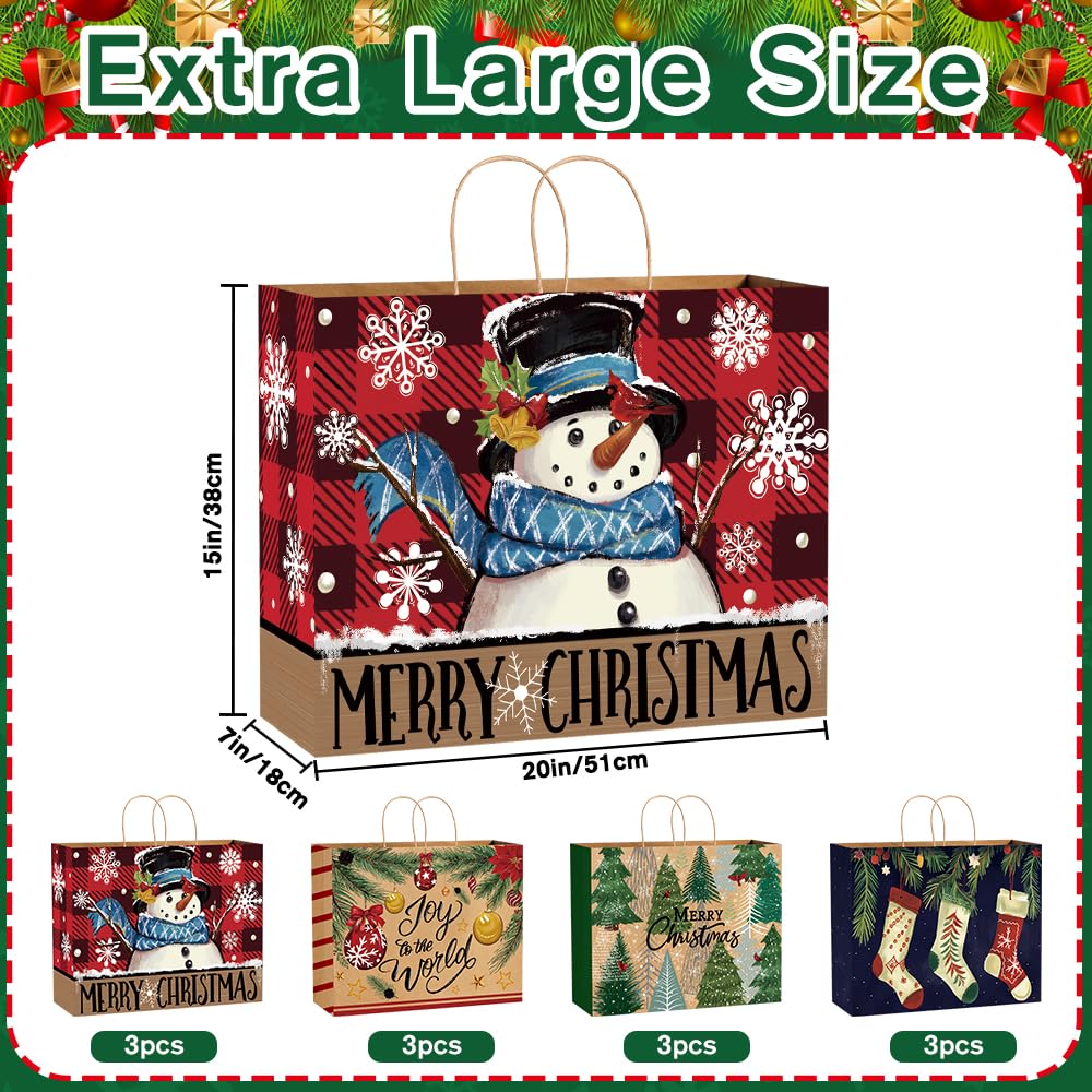 DULEFUN 12 extra große Weihnachts-Geschenktüten, Kraftpapiertüten zum Verpacken von Weihnachtsgeschenken, Partygeschenken