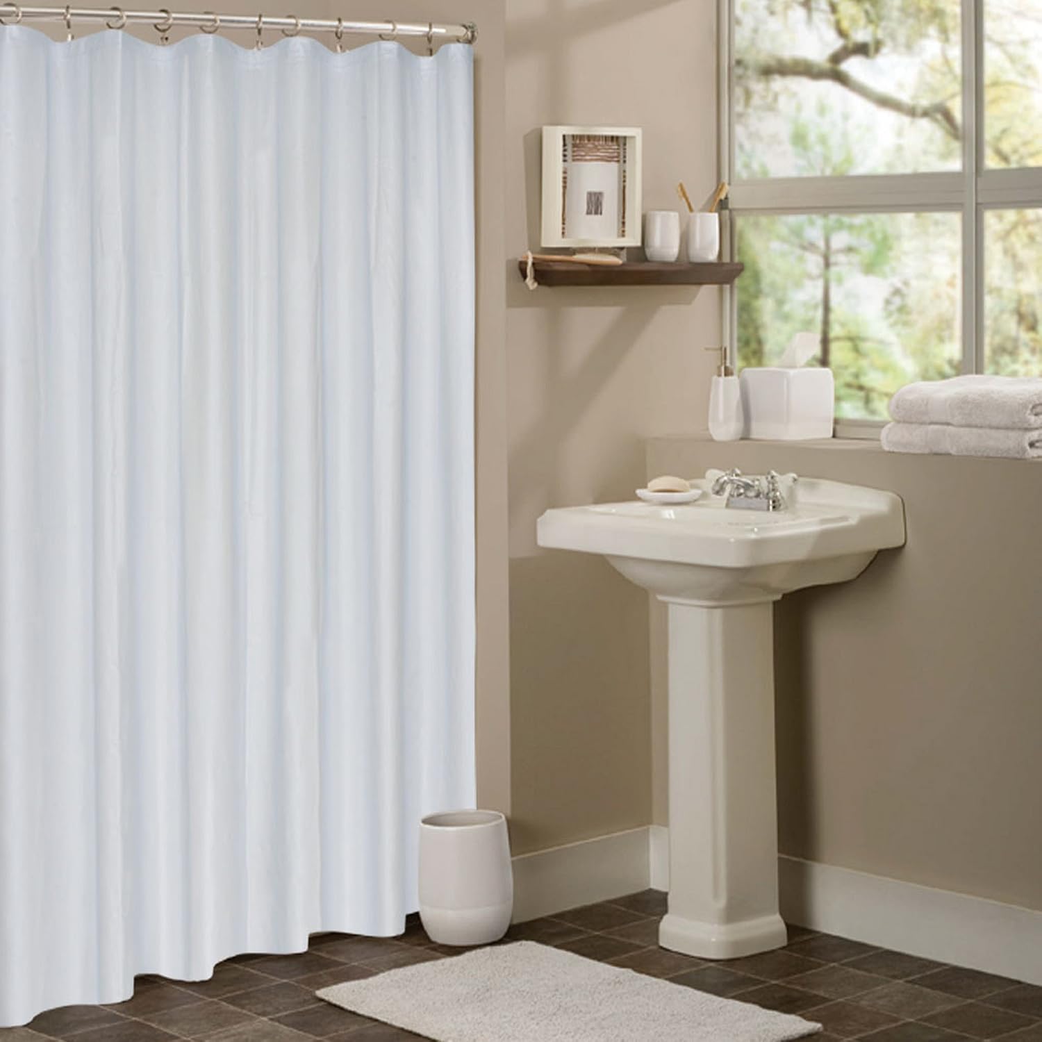 Sweet Home Collection Anti-Mildew Shower Curtain Liner with Chrome Roller Hooks, White