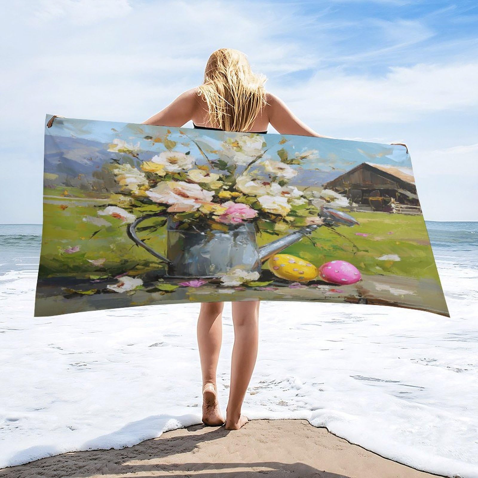 Luyysky Classic Colorful Daisies Flowers Quick-Drying Beach Towel, Retro Oil Painting Spring Mountain Farmhouse Barn Travel Vacation Single Sided Pile Bathroom Towels-80 W Cm X 160" L Cm