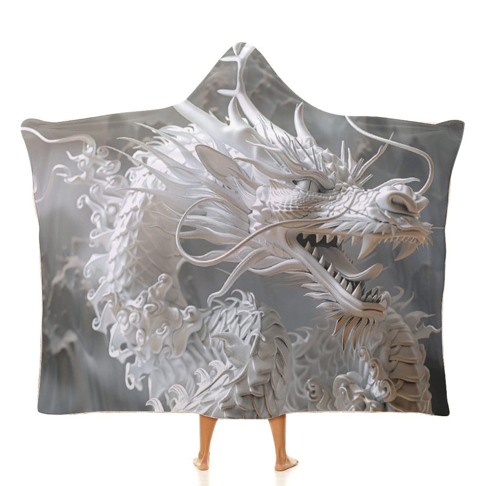 Cape à capuche dragon blanc 101x127 cm pour canapé et voyage