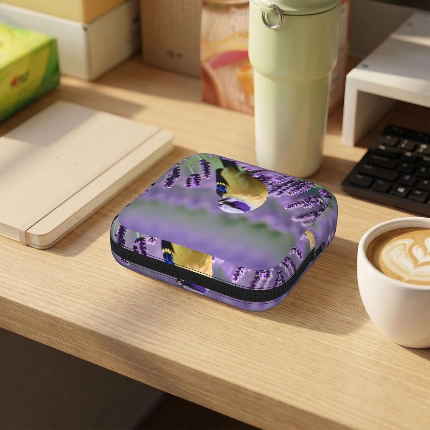 Bird in Purple Lavender Floral Flowers Print Multifunctional Storage Bag Pad Bag Skin-Friendly Period Pouch Reusable Tampon Bag for Female