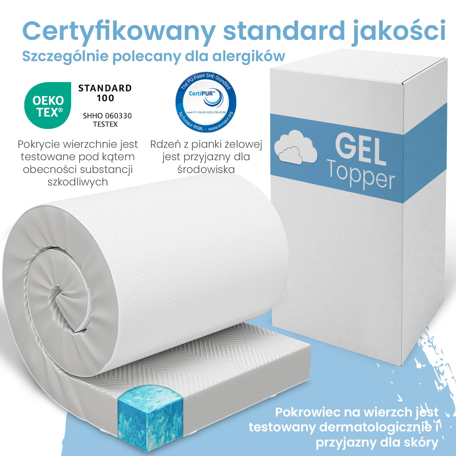 ELONEO Gel Topper 90x200cm, nakładka na materac z 8 cm pianki żelowej z pamięcią kształtu, oddychający pokrowiec z siatki 3D, wygodny nakładka na materac z elastycznymi taśmami narożnymi