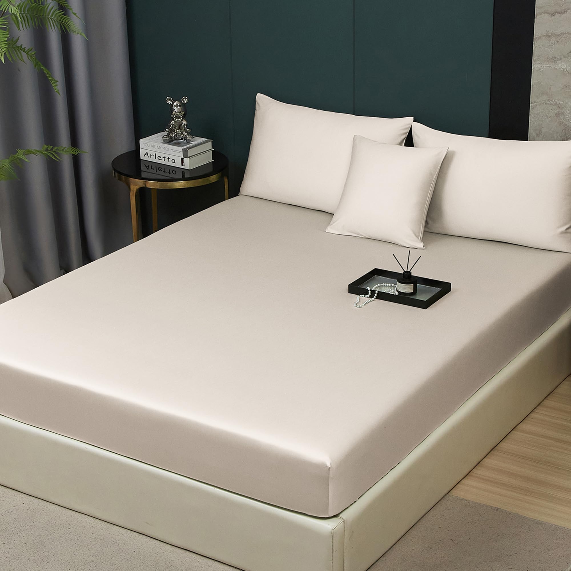 Spannbettlaken 180x200 Baumwolle Beige Spannbetttuch Khaki Creme Lyocell Seide 100% Baumwolle Betttuch 180 x 200 Doppelbett Uni Leintuch für Hohe Matratze Hoher Steg bis 25-30 cm
