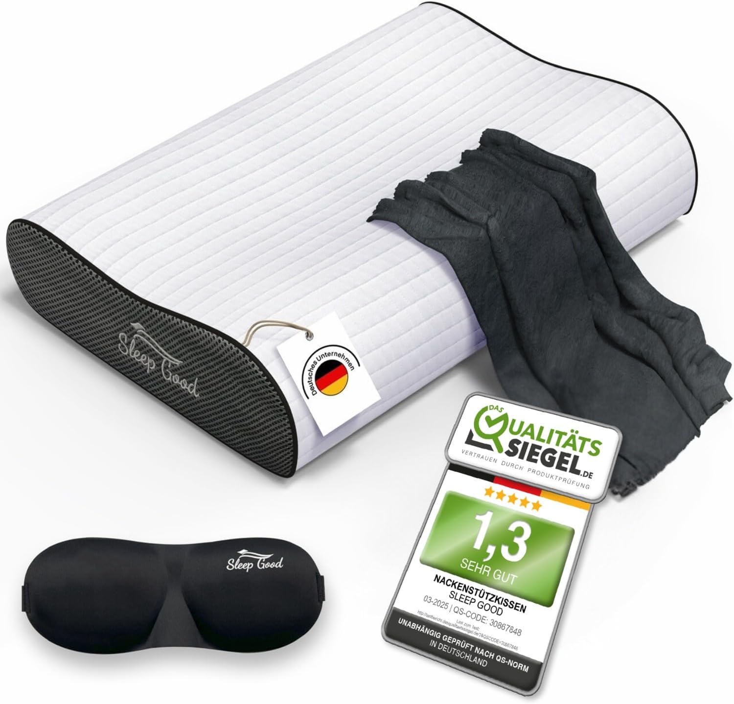 Ergonomisches Memory Foam Nackenstützkissen von Sleep Good zur Unterstützung der Halswirbelsäule, atmungsaktiv und hypoallergen, ideal für besseren Schlaf bei älteren Menschen