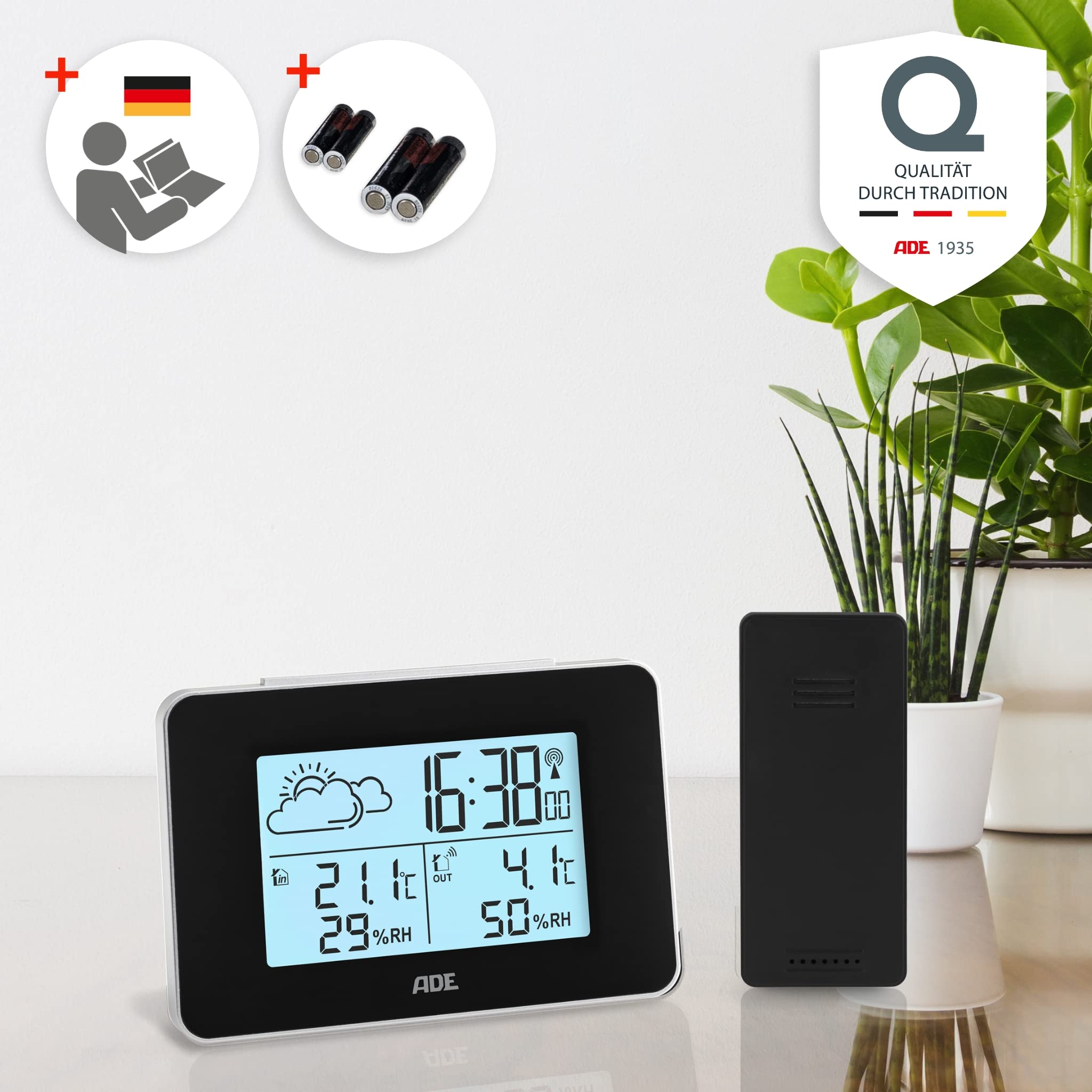 ADE Digitale Wetterstation Funk mit Außensensor | Innen und Außentemperatur | Luftfeuchtigkeitsmesser | animierte Wettervorhersage | Funkwecker mit Schlummerfunktion | schwarz