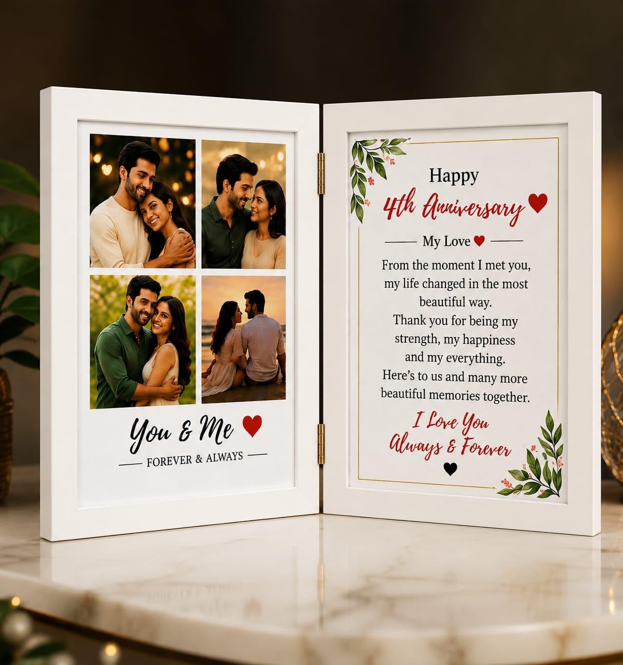 Personalized Couple Photo Frame | Dual Photo & Message Frame | Customized AnniversaryGift for Couples | Book Style Birthday Gift, Wedding Gift, Romantic Gift for Husband Wife | 5x7 Inch White Frame-image-26