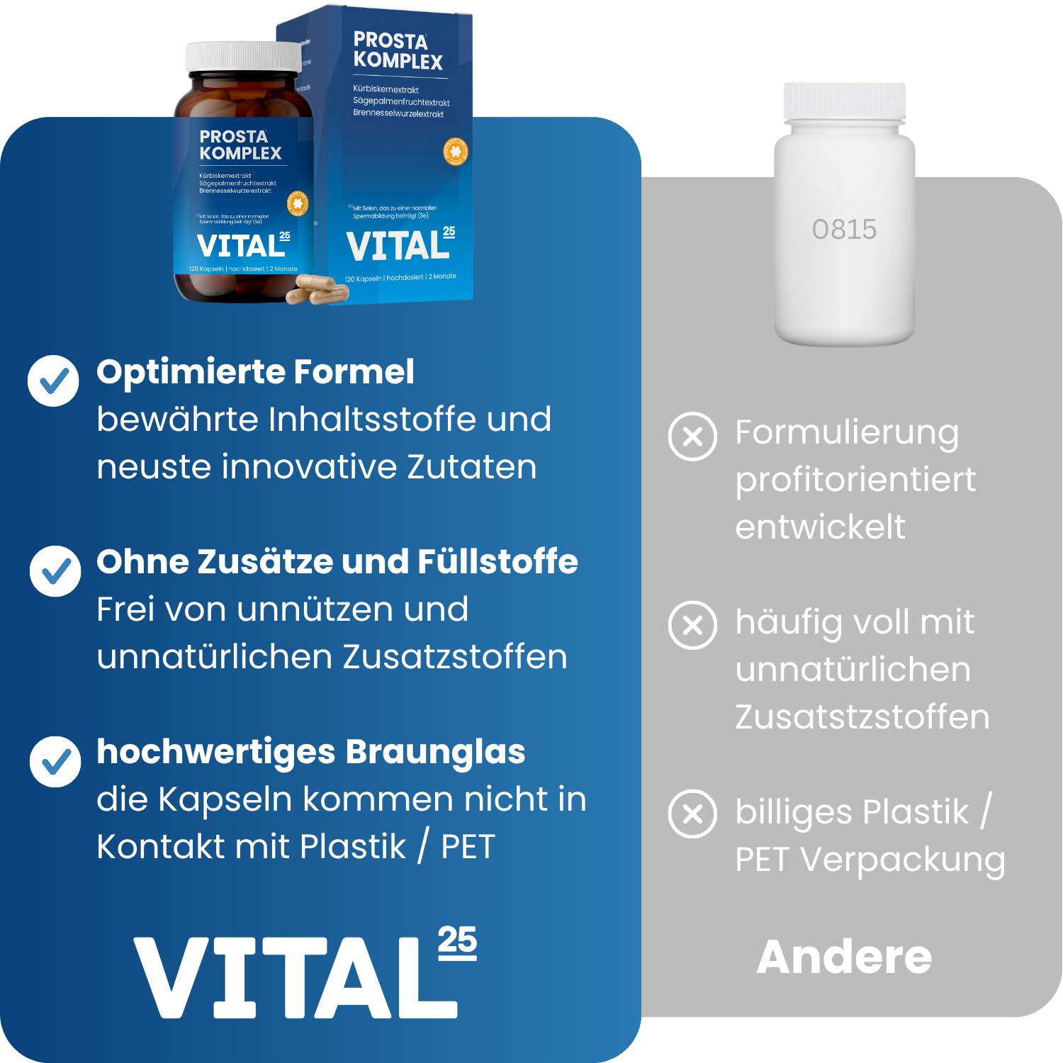 Prosta Komplex Kapseln mit Sägepalmenextrakt, Kürbiskern, Brennnessel, OPC, Lycopin, Vitamin E, Zink, Selen - hochdosiert & vegan - im Braunglas - 120 Kapseln für 2 Monate