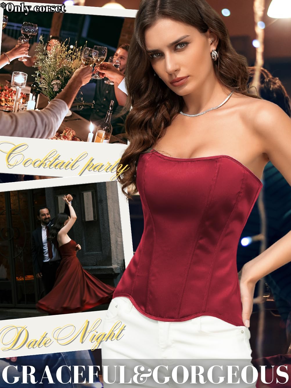 Women's Lustrous Satin Corset, Strapless Overbust Lace-Up Shapewear, Elegant Wedding Guest Dinner Outfits - Image 4