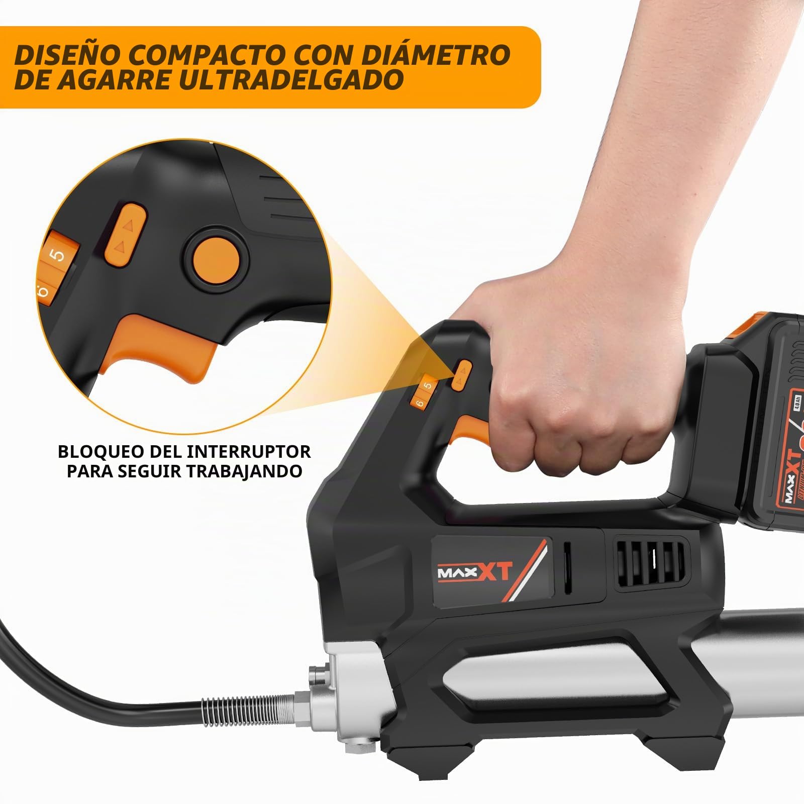 MAXXT Pistolas de Engrase 20V, Engrasadora Bateria 4.0Ah 6 Niveles Gatillo de Velocidad Variable 20000 PSI con LED y 40'' Alto Rendimiento con Mangueras, Pistola Engrasadora para Aceites Mecánicos
