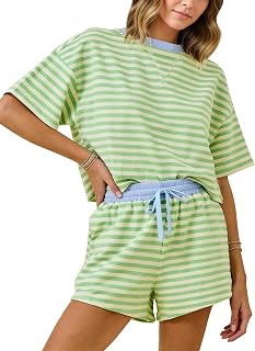 MISSACTIVER Womens Lounge 2 Piece Sets Summer Striped Matching Pajamas Set Short Sleeve Oversized T Shirts Drawstring Sh