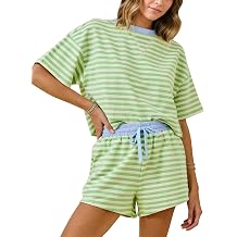 MISSACTIVER Womens Lounge 2 Piece Sets Summer Striped Matching Pajamas Set Short Sleeve Oversized T Shirts Drawstring Shorts