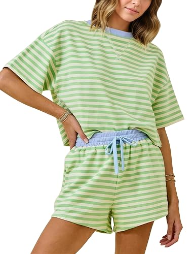MISSACTIVER Womens Lounge 2 Piece Sets Summer Striped Matching Pajamas Set Short Sleeve Oversized T Shirts Drawstring Shorts