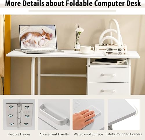 Miniatura 7 de CHEFJOY - Escritorio plegable para computadora con 6 ruedas, escritorio plegable de acero moderno de 41.5 pulgadas para oficina en casa con 3