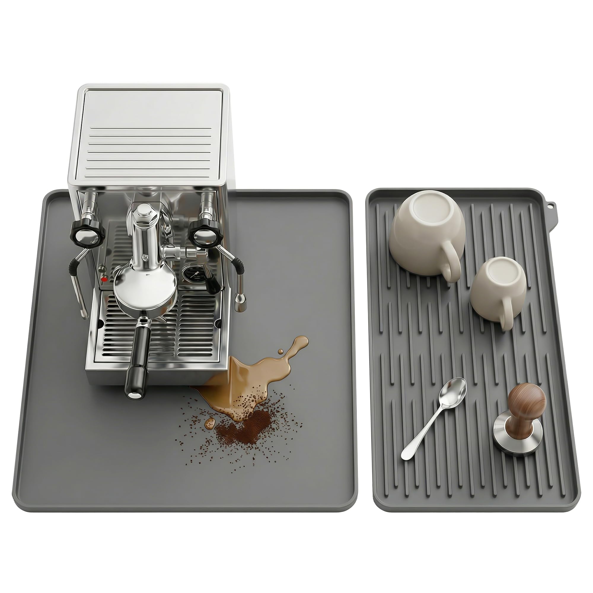 Silicone Coffee Mat for Countertop, 16x16 inch Heat Resistant Espresso Machine Mat, Non-Slip Coffee Bar Mat with Detachable Drying Area and Raised Edge, Waterproof Station Pad - Grey
