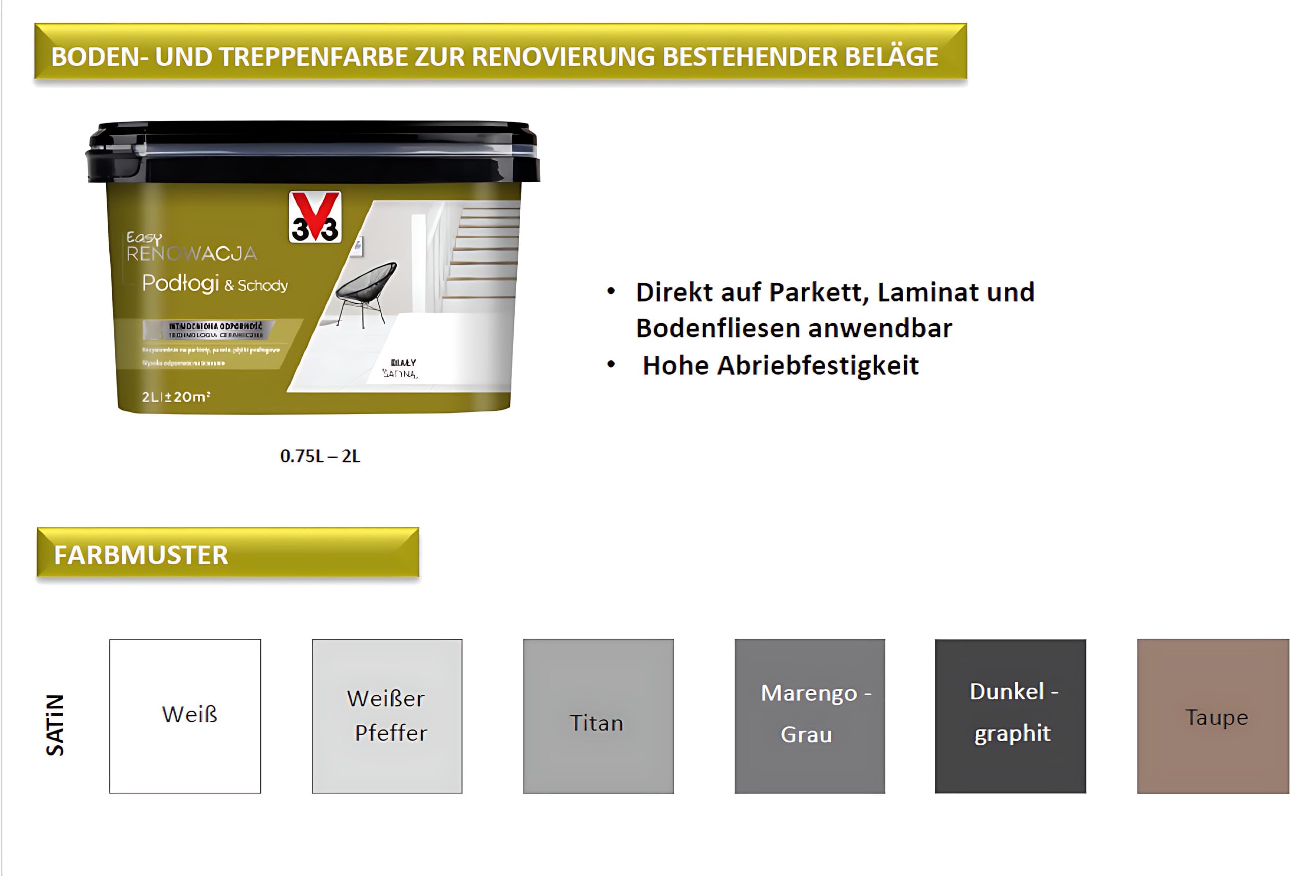 V33 Boden- & Treppenfarbe – Ohne Schleifen & Grundierung – Hochdeckend, abriebfest, wasserfest – Für Parkett, Laminat & Fliesen – Innenbereich – 2L - Weiß