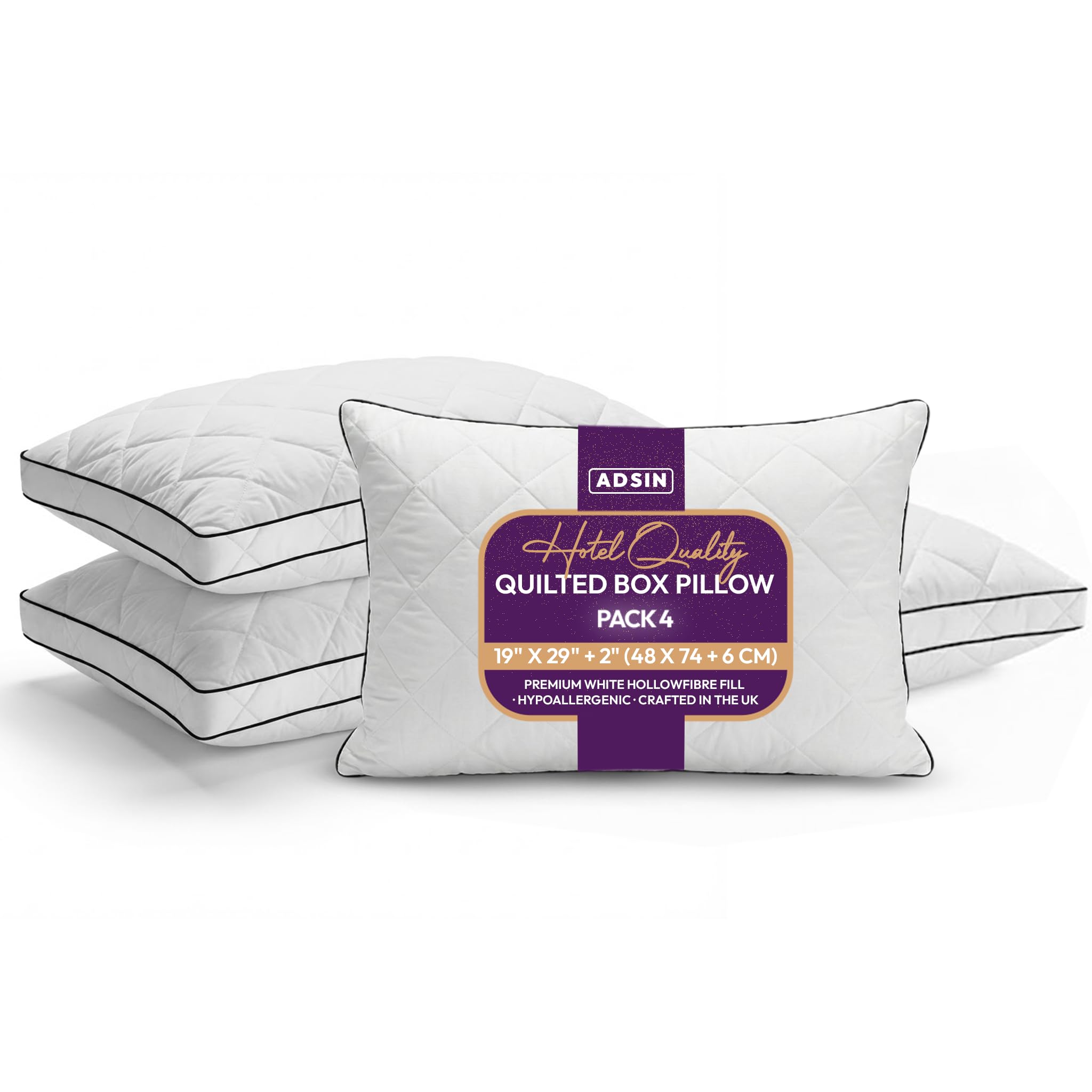 Adsin Small Square Quilted Box Pillow 4 Pack Quilted Box Pillows, Premium Hollowfibre Filled Hotel Quality Pillow, Small Square Quilt Bed Side Sleeper Pillow, Standard Size Firm Comfy & Hypoallergenic, Black Piping