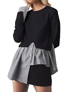 Women Slit Crewneck Patchwork Sweater Asymmetrical Hem 2 in 1 Pullover Button Down Knit Sweater Striped Shirts Top