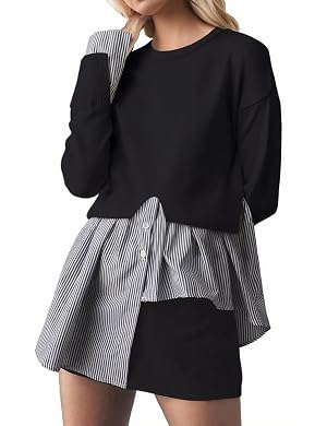 Women Slit Crewneck Patchwork Sweater Asymmetrical Hem 2 in 1 Pullover Button Down Knit Sweater Striped Shirts Top