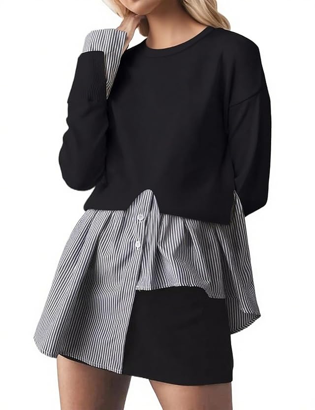 Women Slit Crewneck Patchwork Sweater Asymmetrical Hem 2 in 1 Pullover Button Down Knit Sweater Striped Shirts Top
