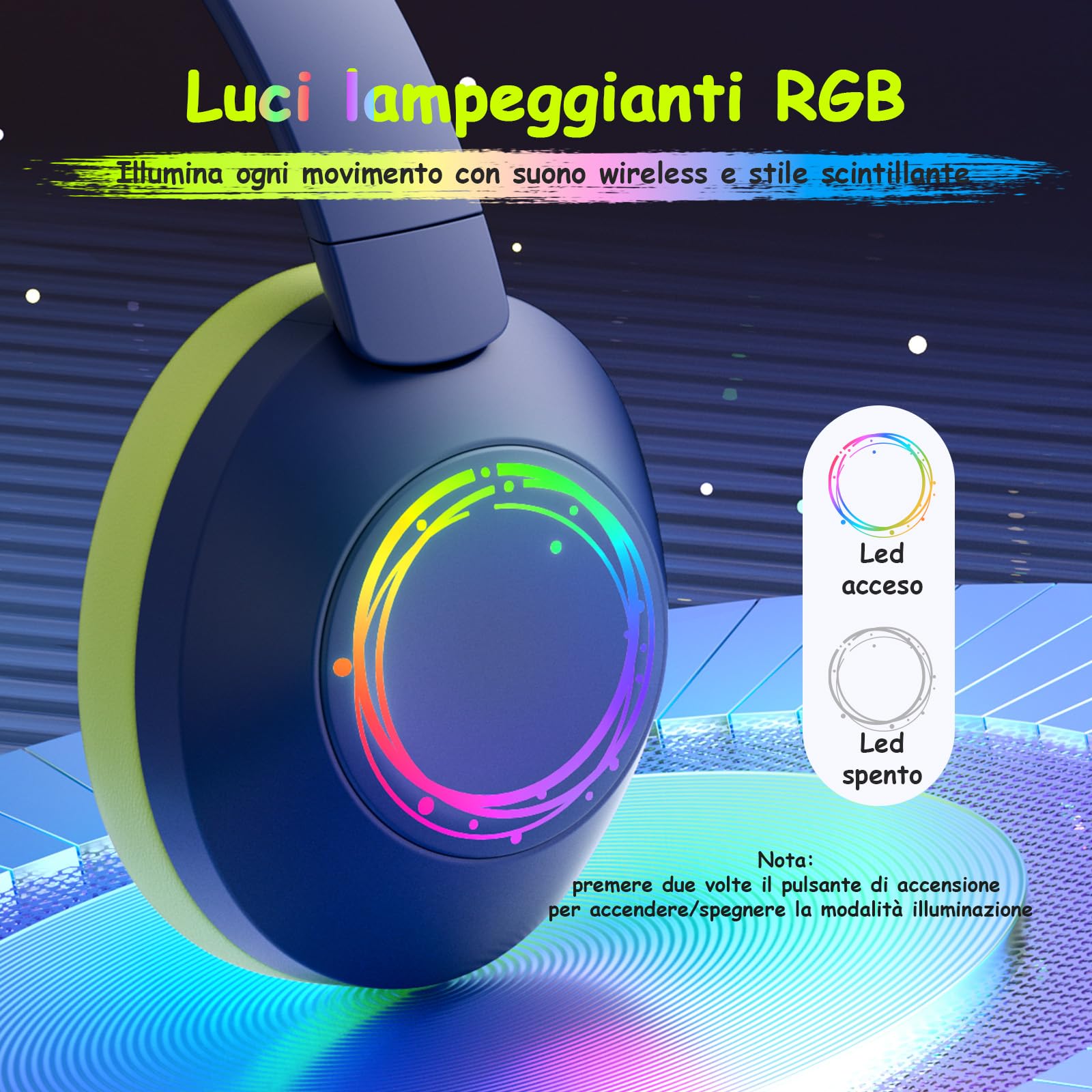 TONOSHARK Cuffie Bluetooth Cancellazione Rumore per Bambini, Cuffie Bambino Con Luci LED RGB Colorate, 60 Ore Di Autonomia, Over-Ear Bluetooth 5.4, Microfono Integrato, Per Casa/Scuola/Feste (Blu)