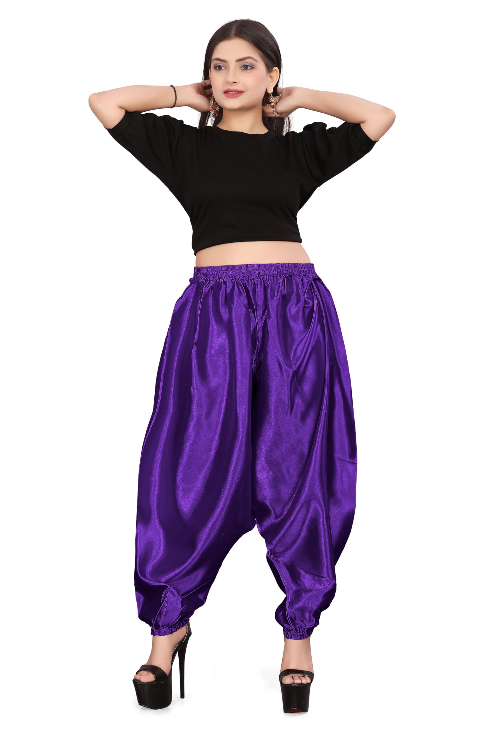 MEEK MERCERY BY KF Satin Belly Dance Harem Boohoo Pant – Elastic Waist, S to 5XL – 41 Colours – Flowing Performance Costume for Stage, Bollywood, Cosplay, Festival & Lounge Wear Purple
