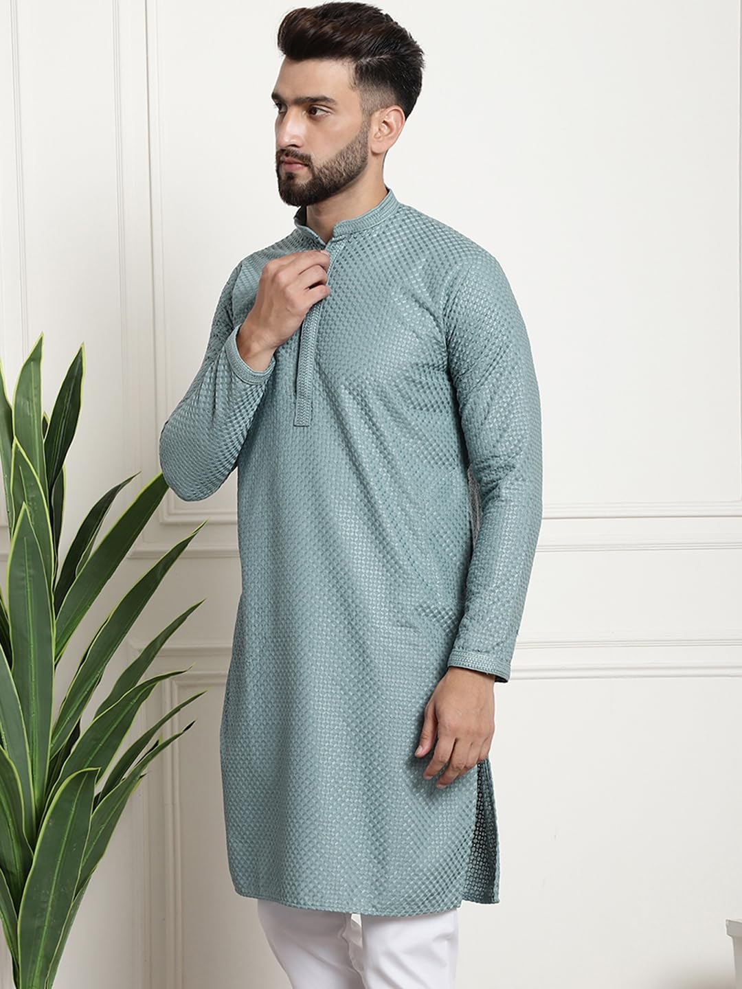 Sojanya (Since 1958 Mens Pure Cotton Checked Embroidered Sgreen Color Only Long Kurta