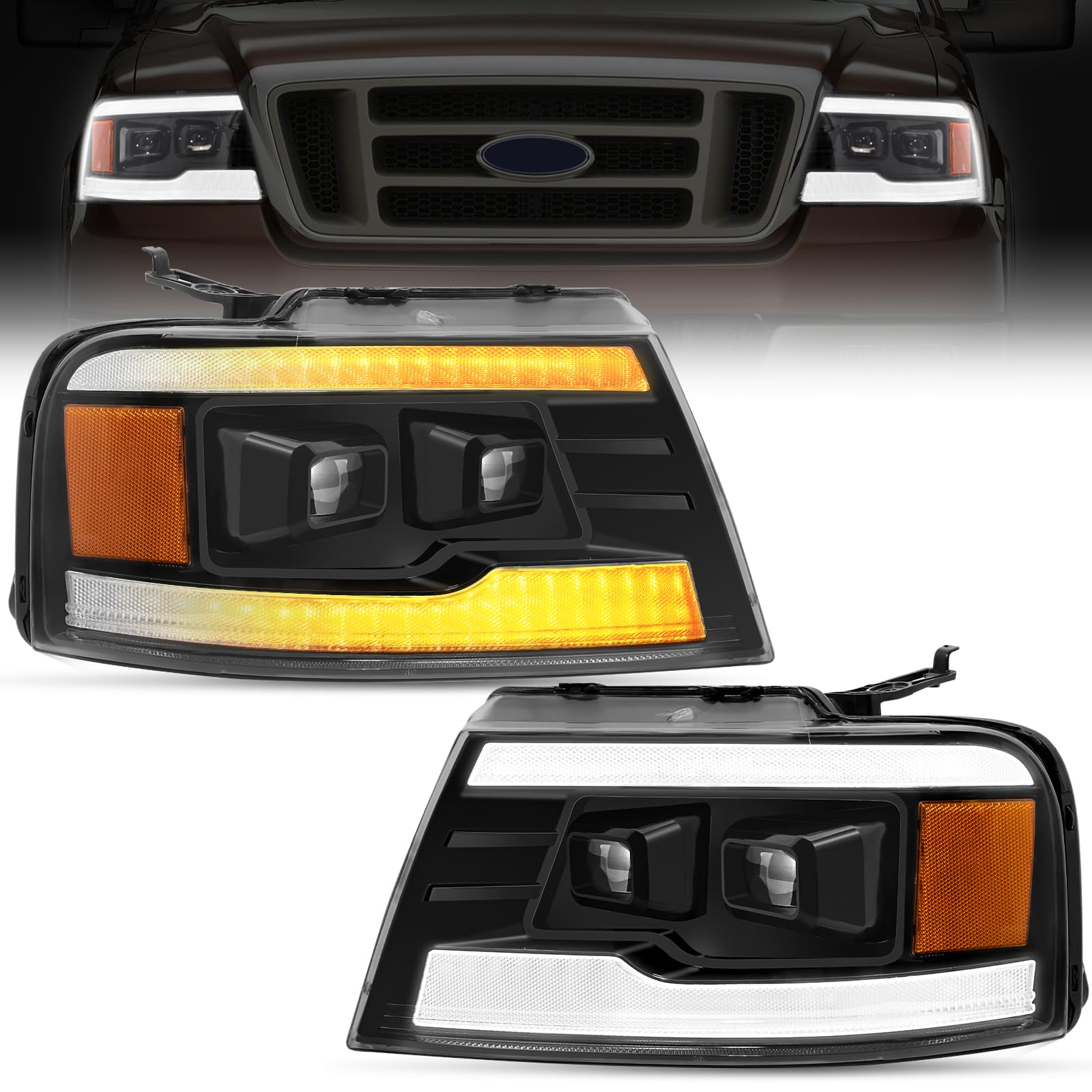 elh 500% brighter seq drl led headlight assembly 2004-2008 04 05 06 07 08 f-150 projector high/low beam headlights, black housing, plug & play (double -beam led projector)