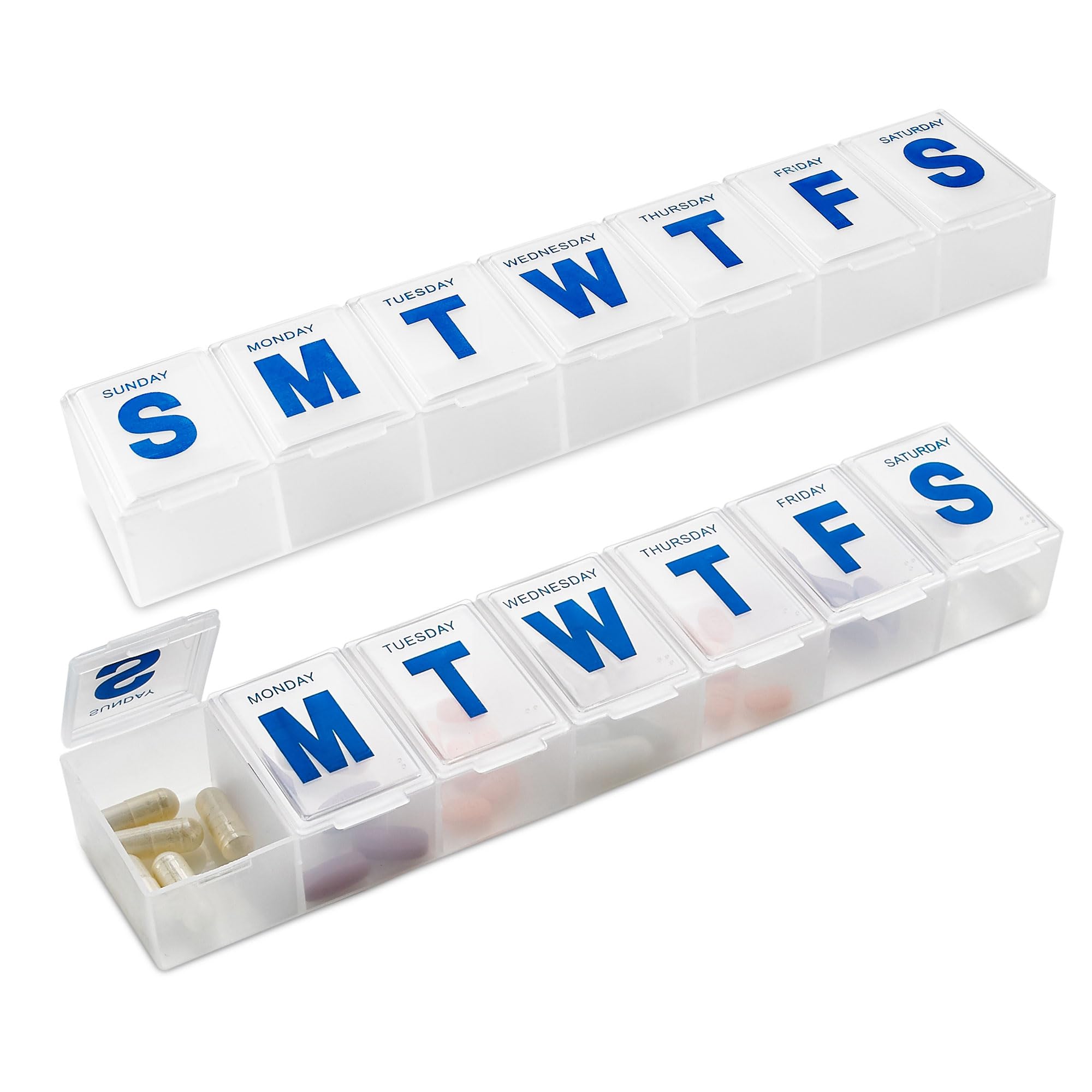 MEDca Weekly Pill Organizer - (Pack of 2) Extra Large Vitamin Container with Jumbo Easy to Read Letters, BPA Free - Daily Travel 7 Day Medication Pill Box Case