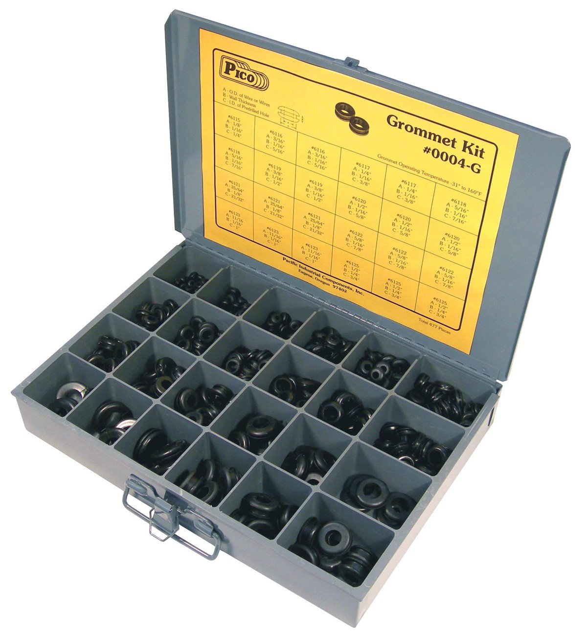 Pico 0004G 477 Piece Assorted Grommet Kit in Metal Kit Drawer 1/4 to 1 inch