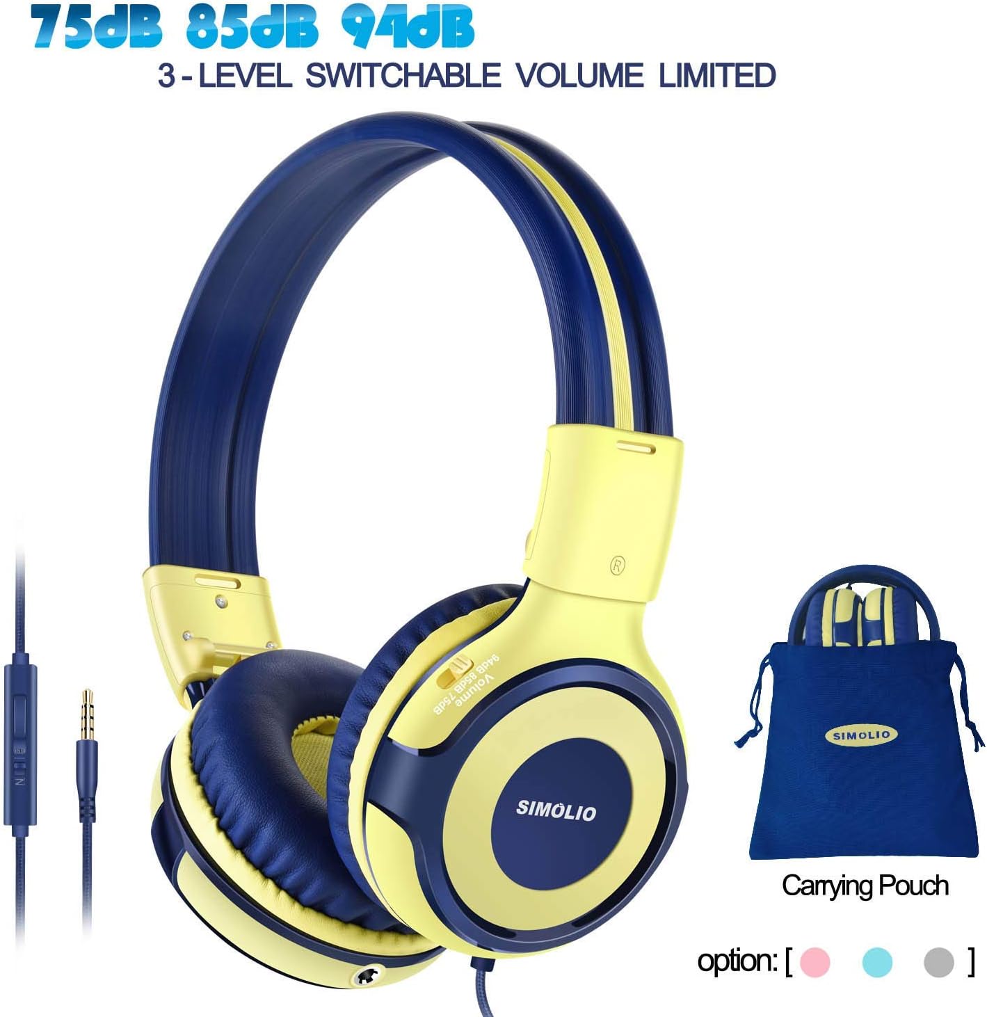SIMOLIO Kids Headphones with Microphone, 94dB-85dB-75dB Volume Limited Headphone Share Port, On-Ear Wired Stereo Headphone with AUX Jack, Foldable & Durable Headphones for Children,Teens (Yellow)