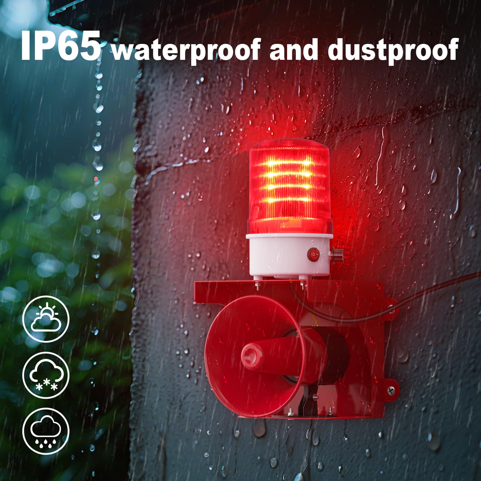 Sirena industrial de alarma de sonido y luz, 0-120dB ajustable, IP65 impermeable, rango de advertencia de 100-150 metros para fábrica/almacén/escuela/oficina, sirena de seguridad de emergencia, alarma