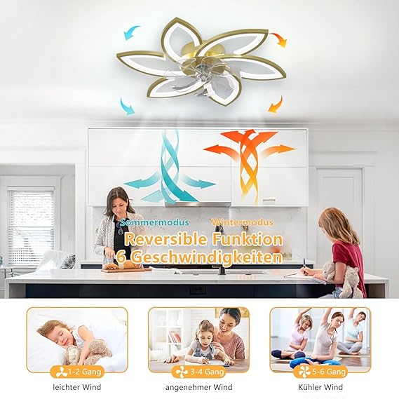 Revneey LED-plafondventilator met verlichting, 66W dimbaar (3000K-6000K) plafondlamp met ventilator, stille omkeerbare plafondventilator met lamp voor woonkamer slaapkamer eetkamer goud, 6 koppen 78x15cm photo 3