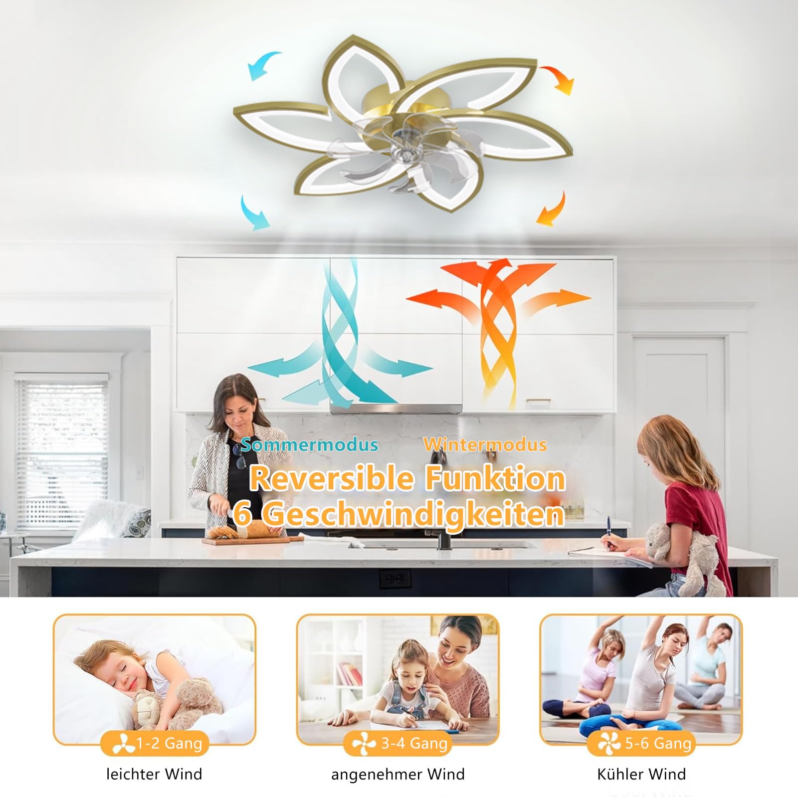 Ventilador De Techo LED Con Iluminación, 66W Regulable Lámpara Colgante, Silencioso Con Luz Para Sala De Estar Dormitorio Comedor, Blanco Gold, 6 Köpfe 78x15cm