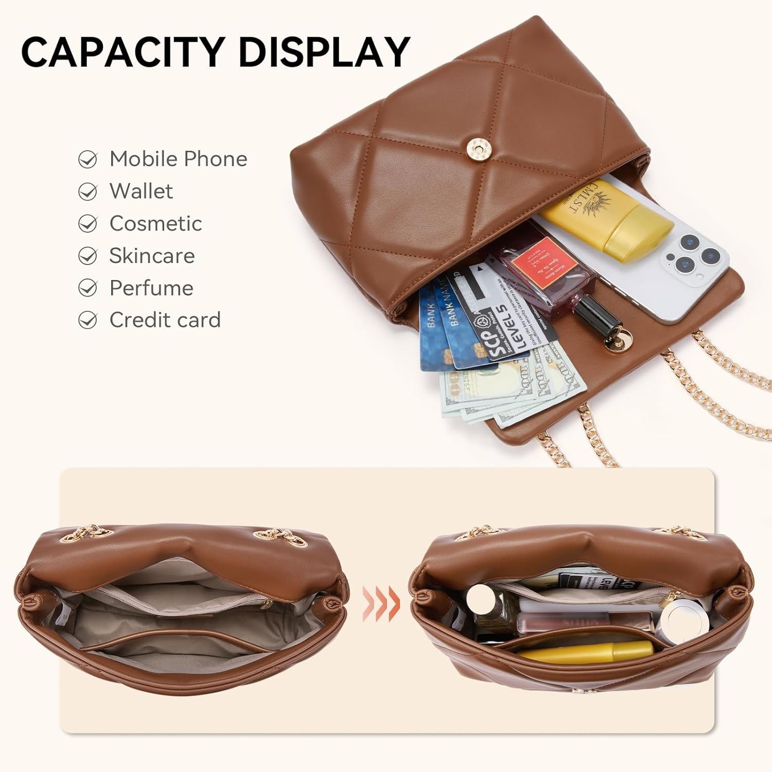 BOSTANTEN Shoulder Bag for Women Small Purse Vegan Leather Quilted Crossbody Bags With Chain Trendy Ladies Handbags - Image 5