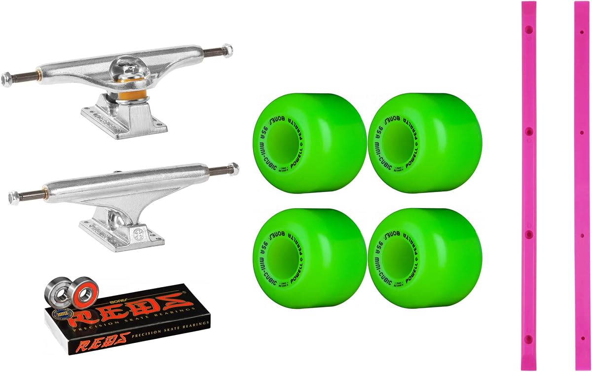 Paquete de camiones para monopatín independiente Old School Kit con ruedas Powell Mini Cubic 64 mm verdes, rodamientos Bones Reds y rieles morados