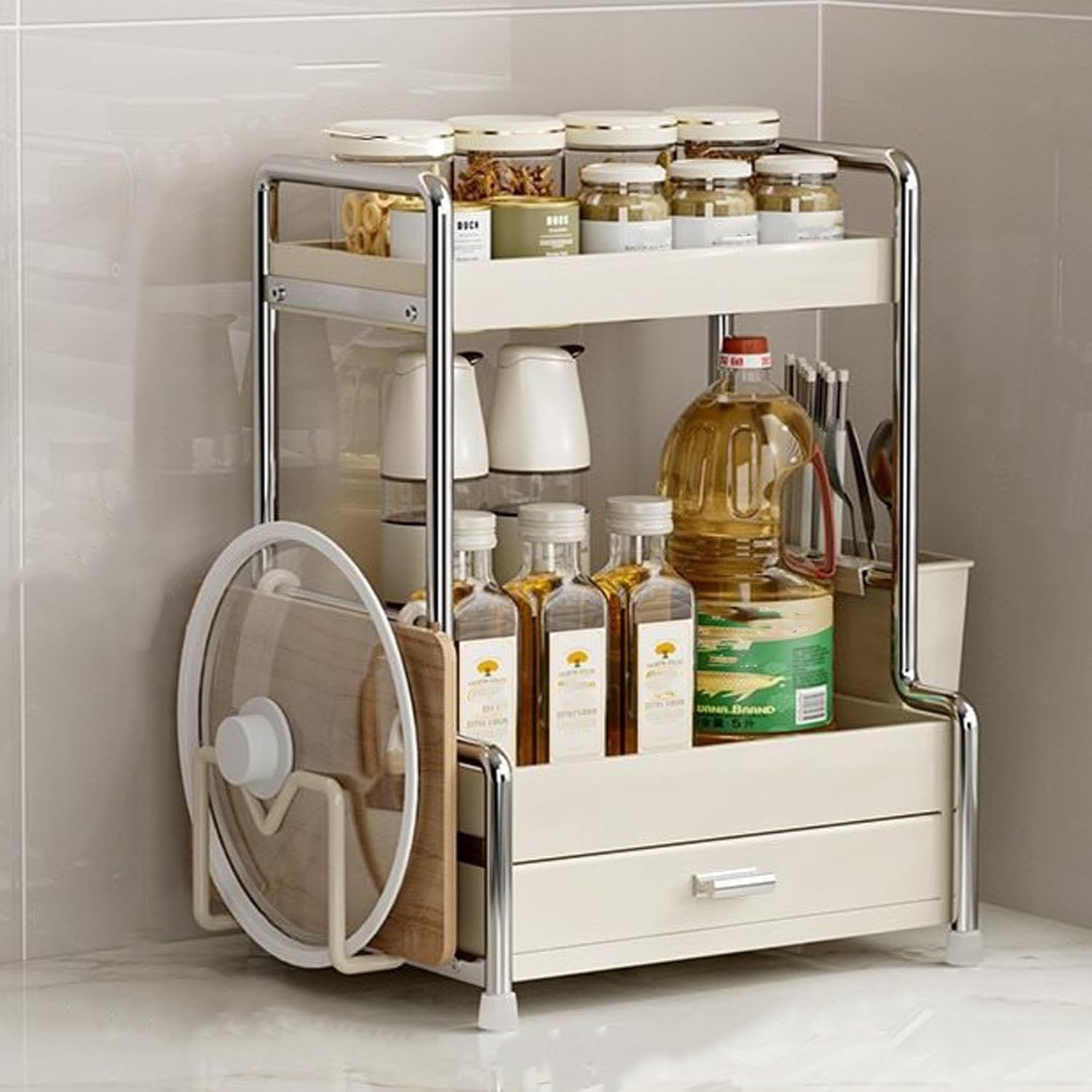 Home Furnishing Spice Rack Organizer with Cutting Board Rack and Chopstick Storage Rack Dish Drying Shelf with Drawer Kitchen Countertop Utensil Storage Shelf(with Rack and Tube,32 cm)